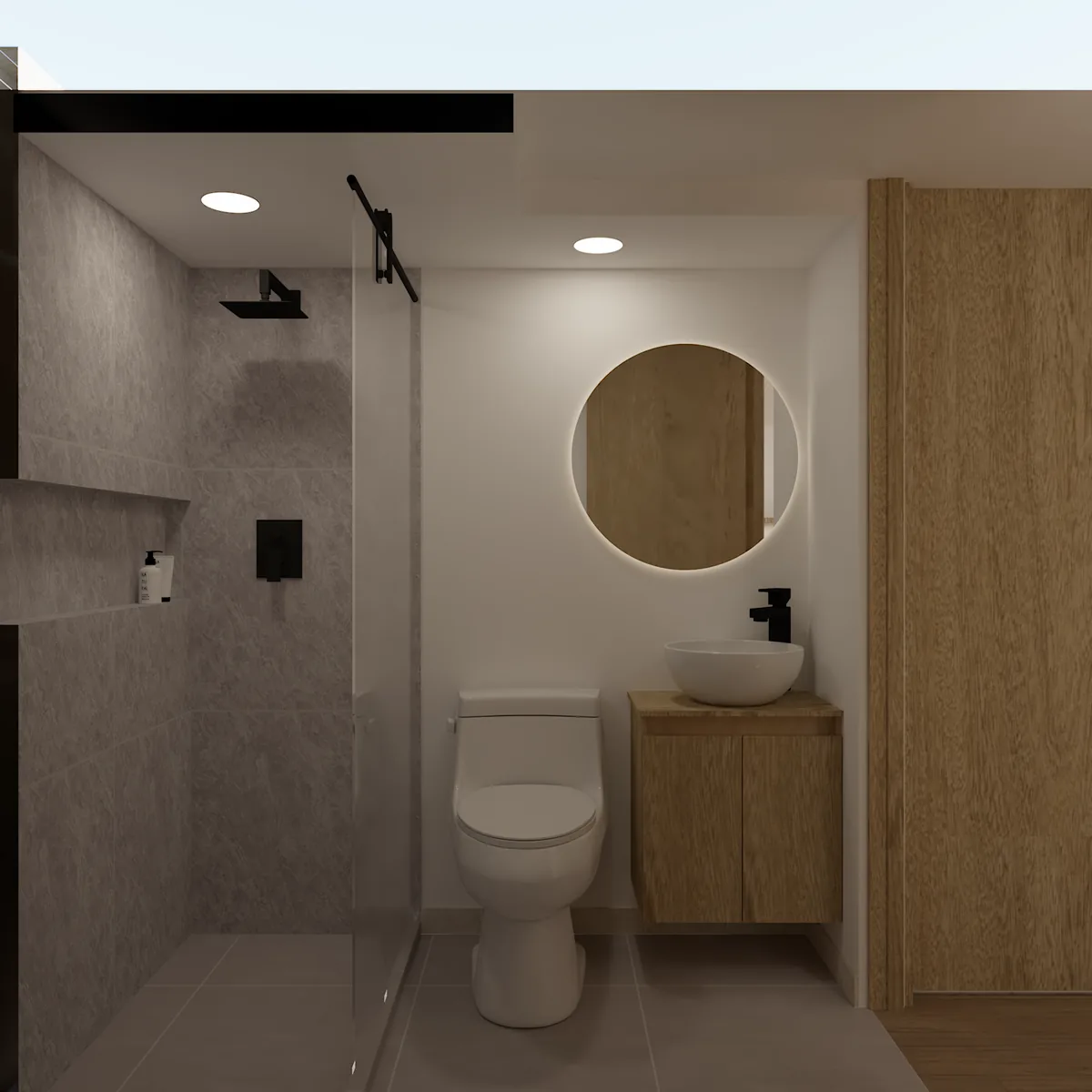 Render de ba&ntilde;o contempor&aacute;neo con madera y espejo circular iluminado
