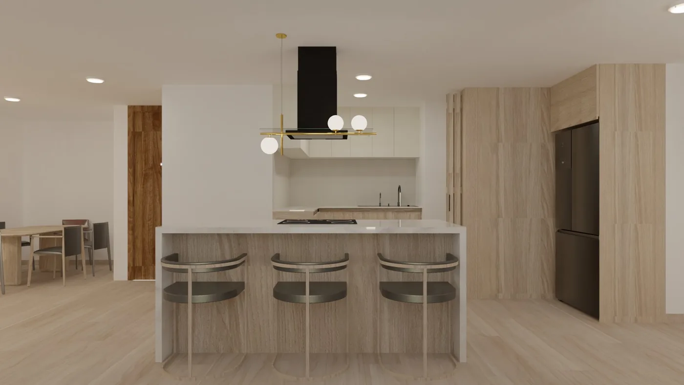 Render de cocina amplia con isla y acabados en madera clara