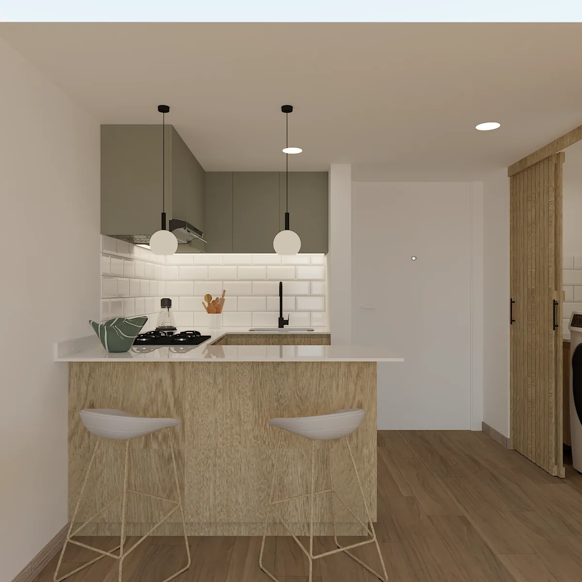 Render de cocina en L con madera, barra y piso geom&eacute;trico