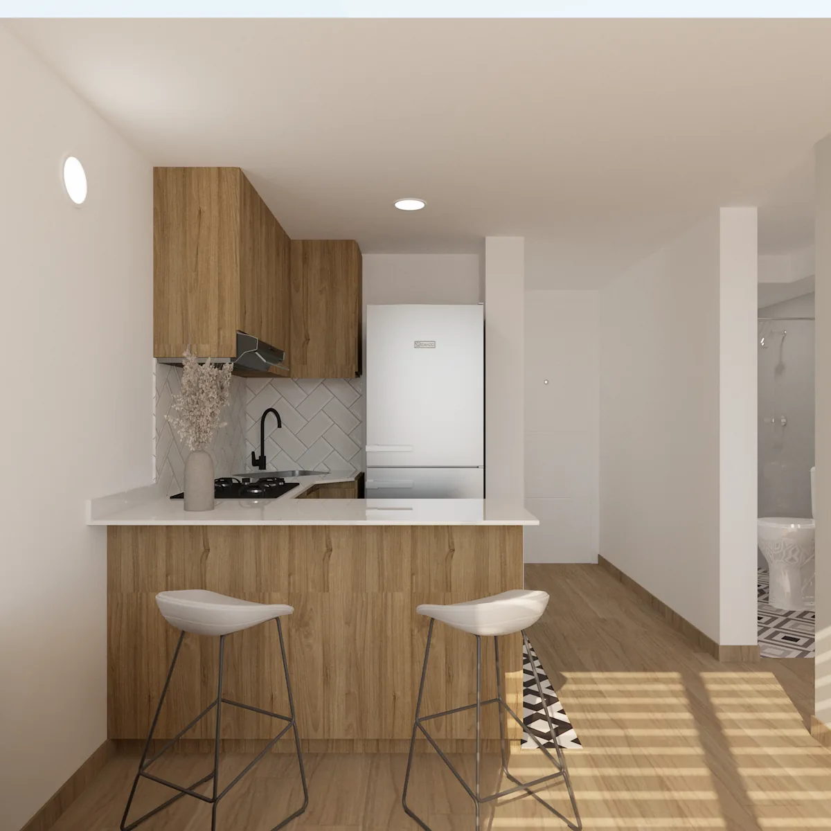 Render de cocina compacta con barra, madera y luz natural