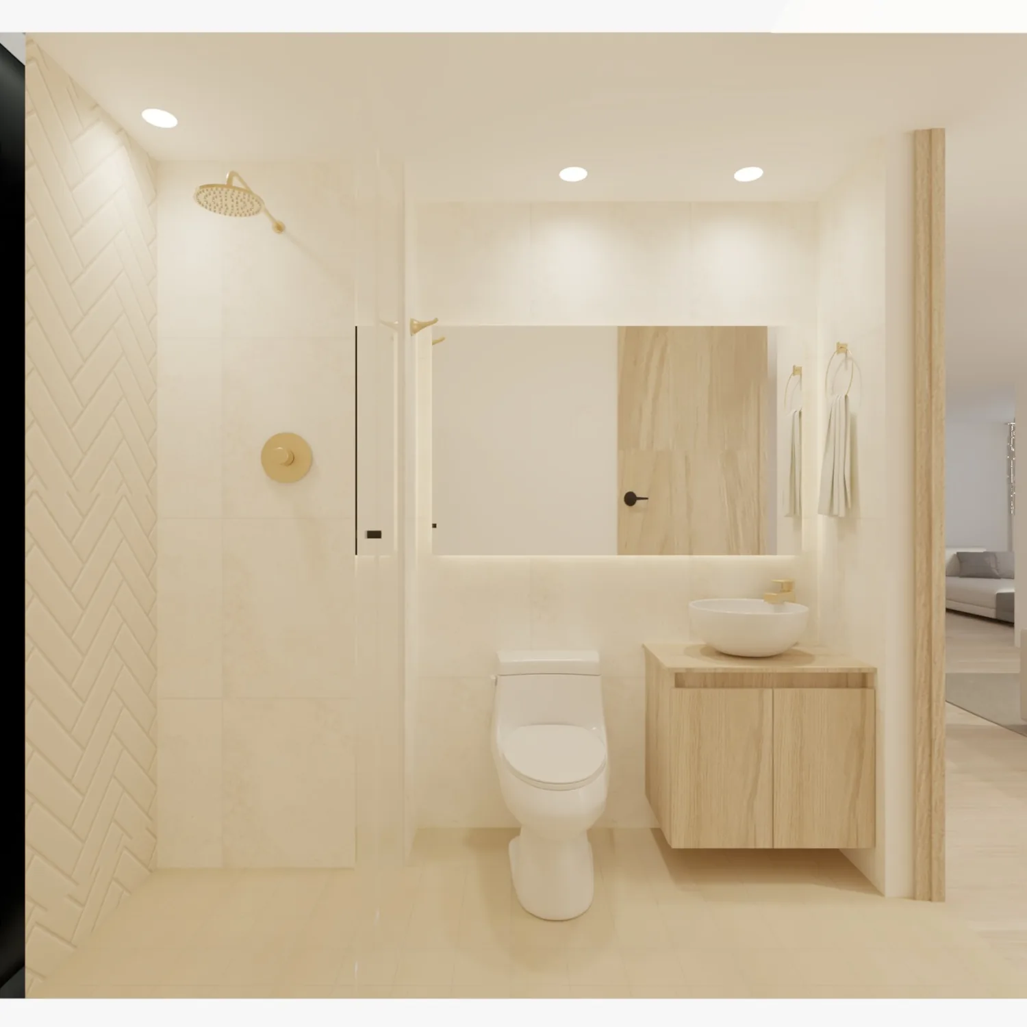 Ba&ntilde;o claro con acentos dorados del proyecto Dise&ntilde;o Colina