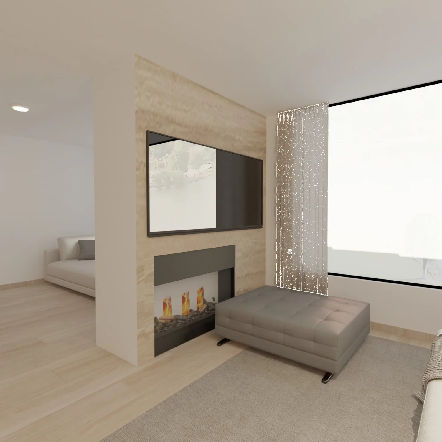 Detalle de chimenea y muro de televisi&oacute;n en Dise&ntilde;o Colina