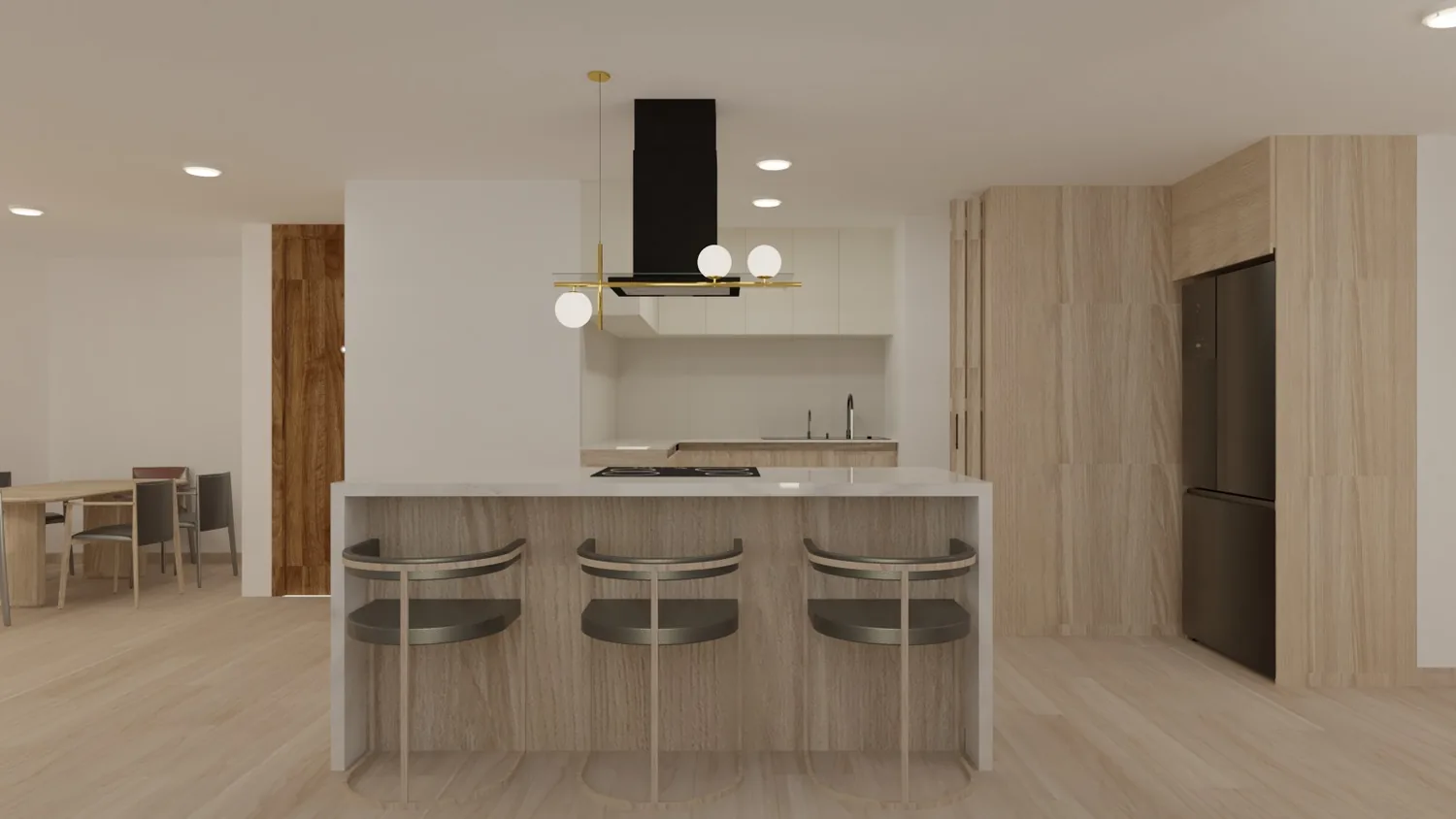 Proyecto Dise&ntilde;o Colina con cocina abierta, isla y comedor integrado