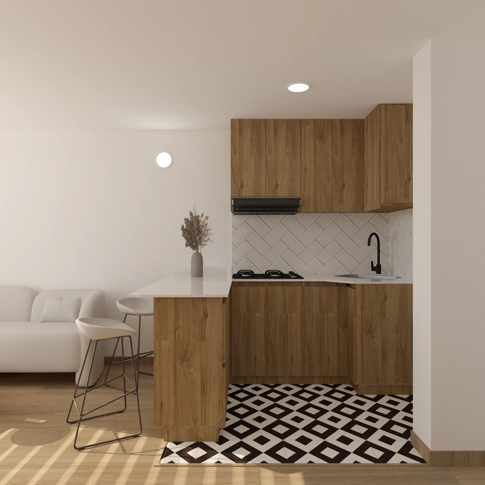 Render de cocina residencial con madera, barra central y luz c&aacute;lida