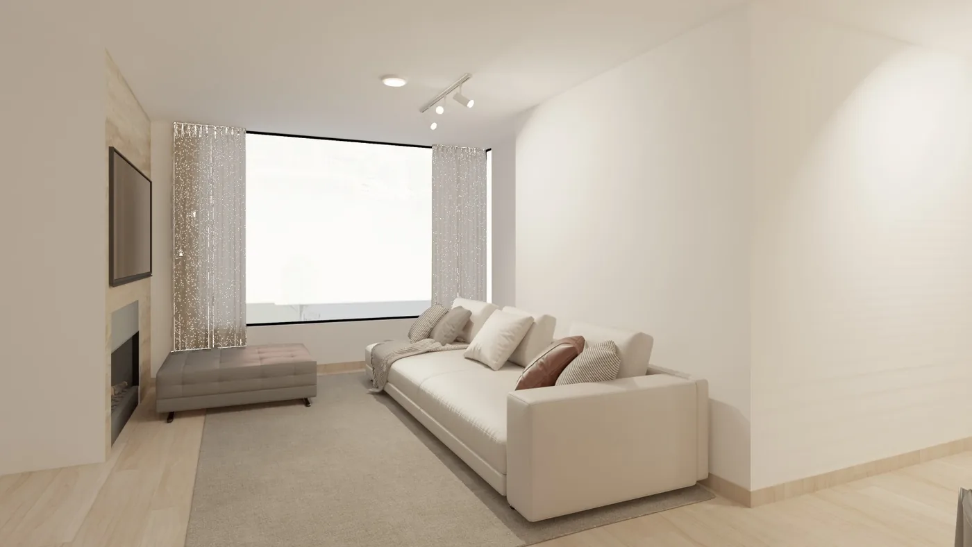 Render de sala con sof&aacute; claro, chimenea y luz natural
